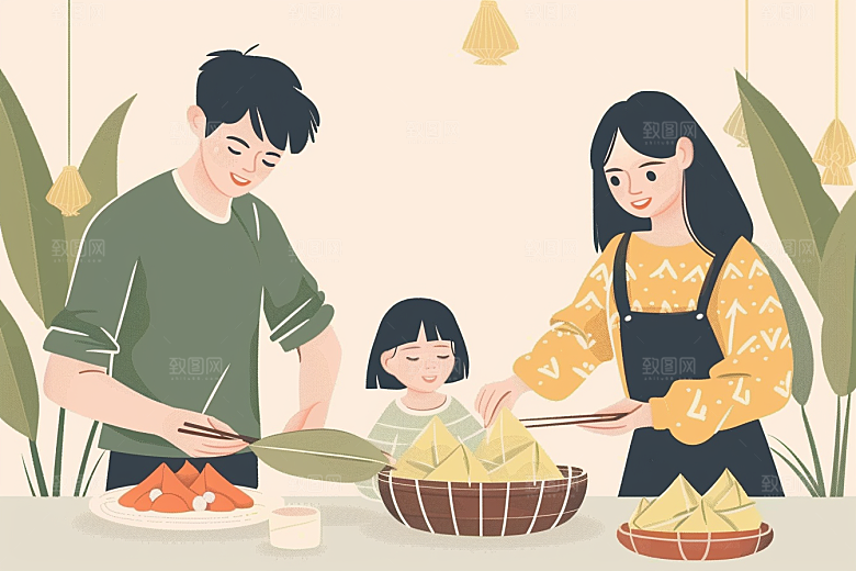 端午包粽子粽叶节日氛围插画