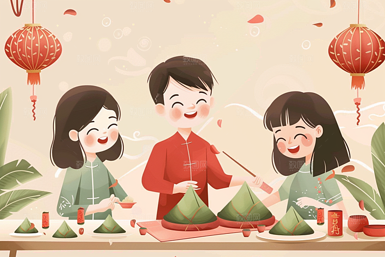 端午包粽子手绘粽叶插画