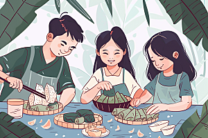 端午包粽子习俗端午节插画