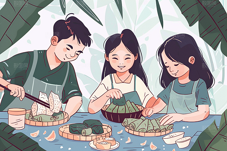 端午包粽子习俗端午节插画