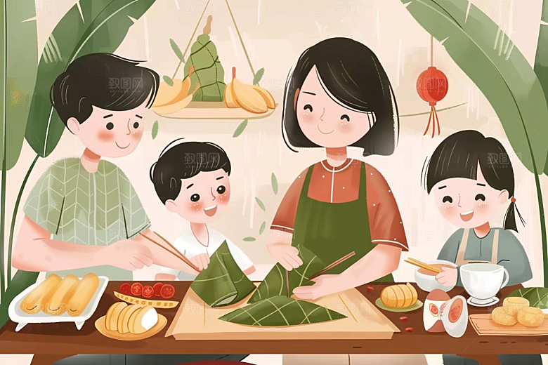 端午包粽子温馨幸福插画