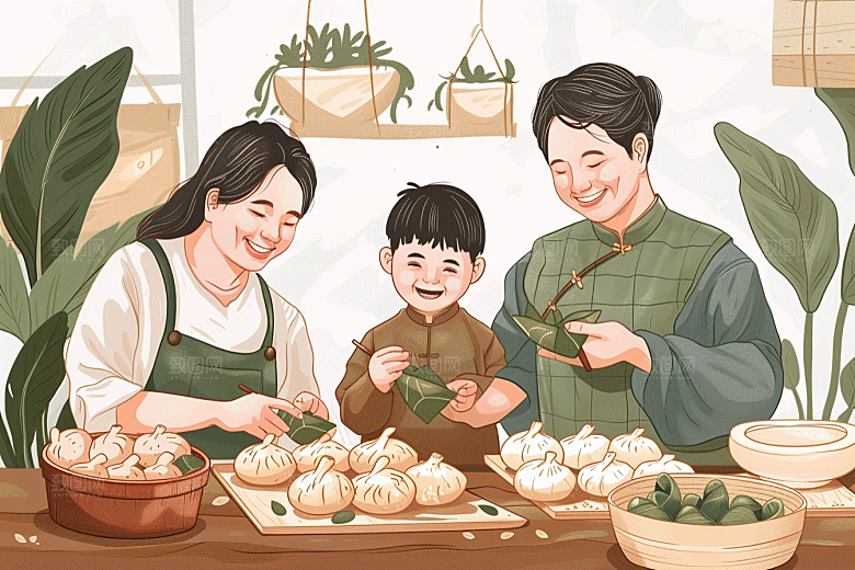 端午包粽子幸福温馨插画