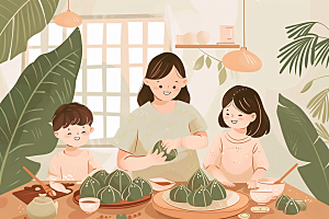 端午包粽子粽叶阖家团聚插画
