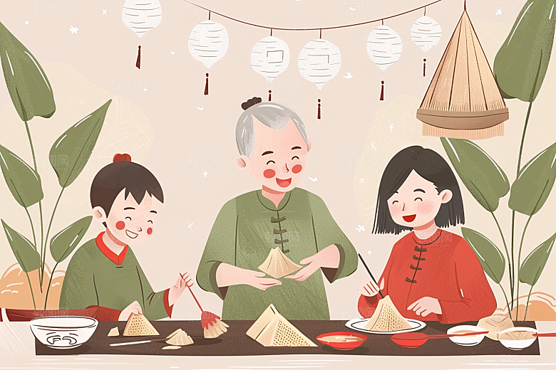 端午包粽子糯米节日氛围插画