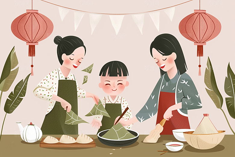 端午包粽子幸福糯米插画
