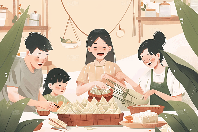 端午包粽子糯米粽叶插画