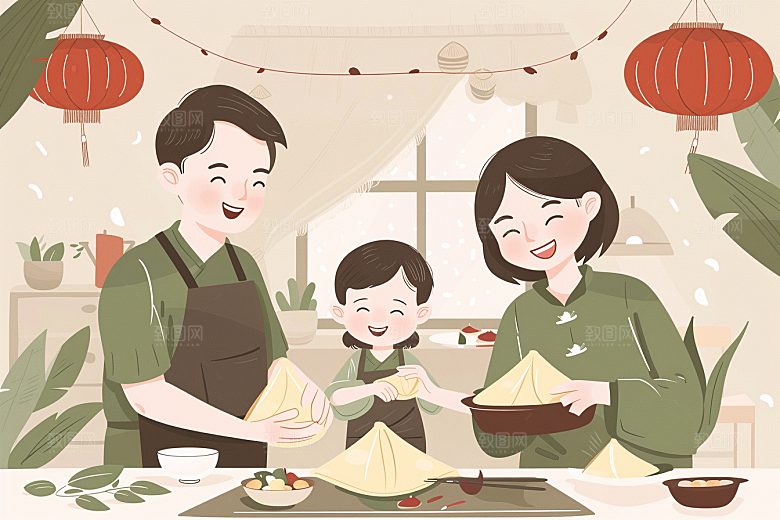 端午包粽子美味美食插画
