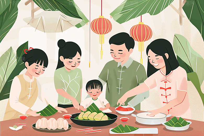 端午包粽子习俗高清插画