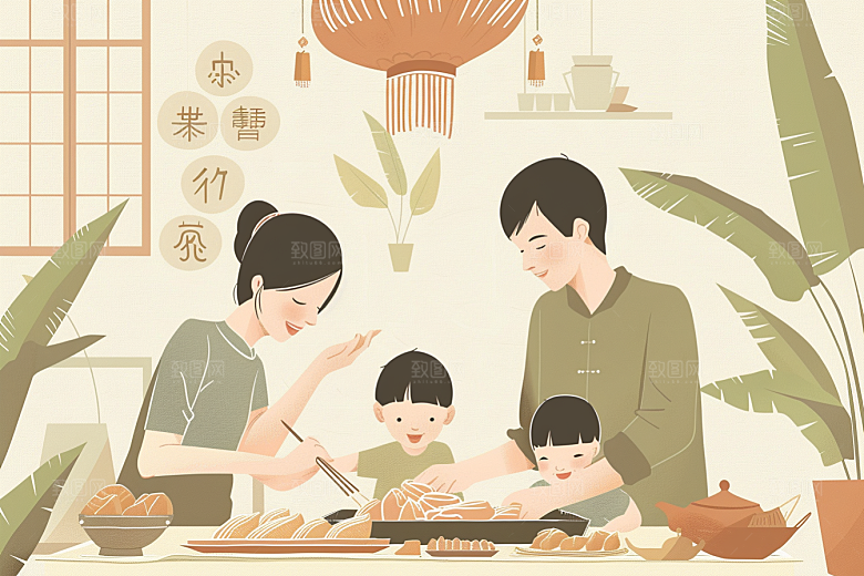 端午包粽子习俗高清插画