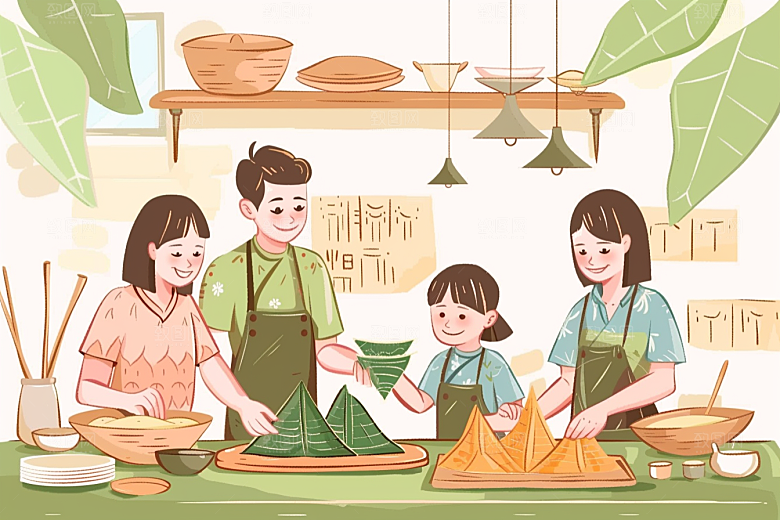 端午包粽子节日小吃插画