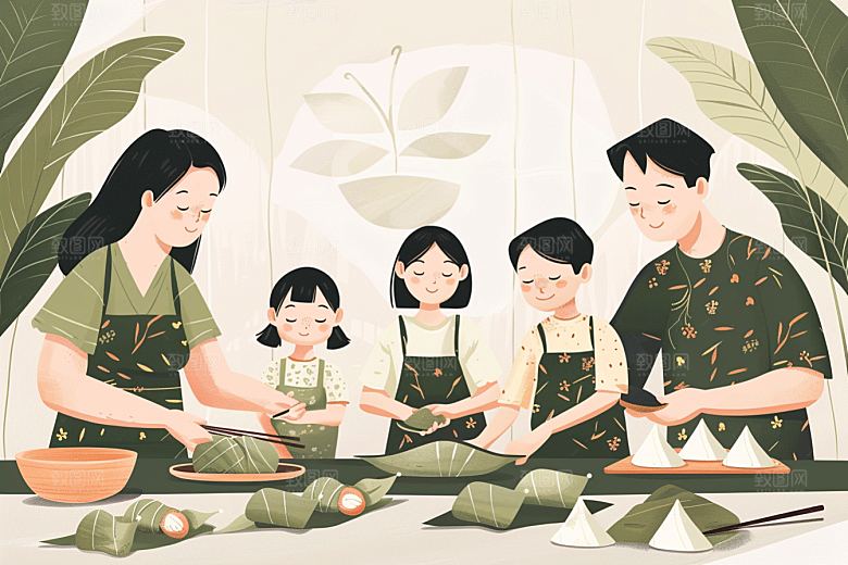 端午包粽子手绘传统文化插画