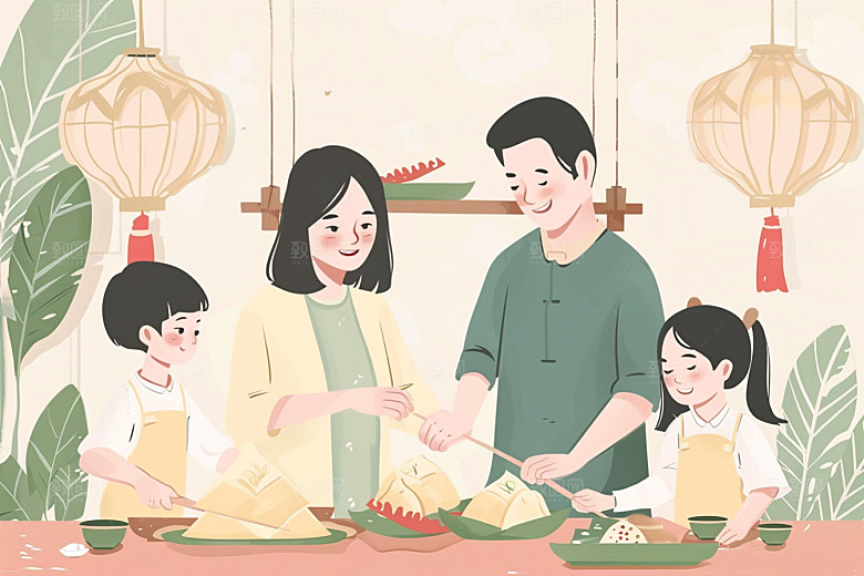 端午包粽子节日氛围小吃插画
