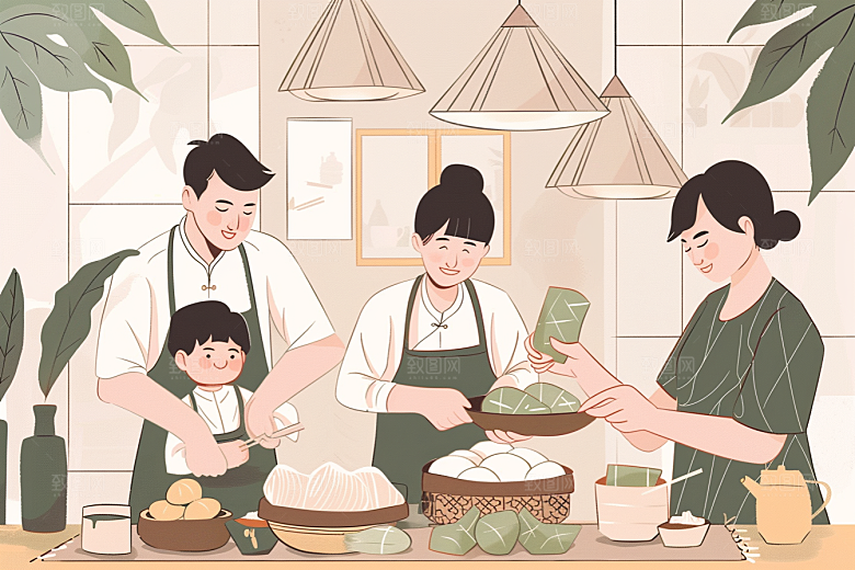 端午包粽子习俗小吃插画