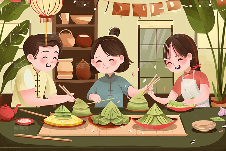 端午包粽子端午节幸福插画