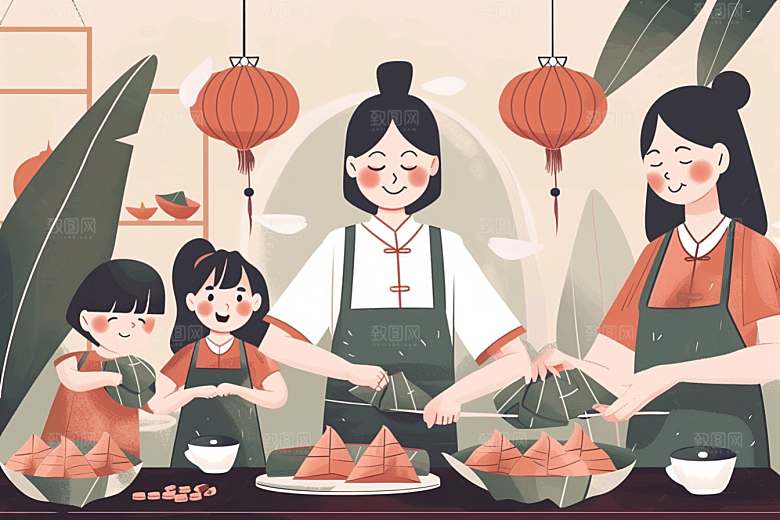 端午包粽子温馨端午节插画