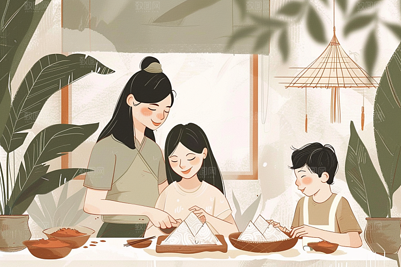端午包粽子高清阖家团聚插画