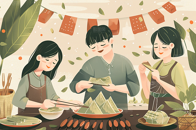 端午包粽子温馨习俗插画