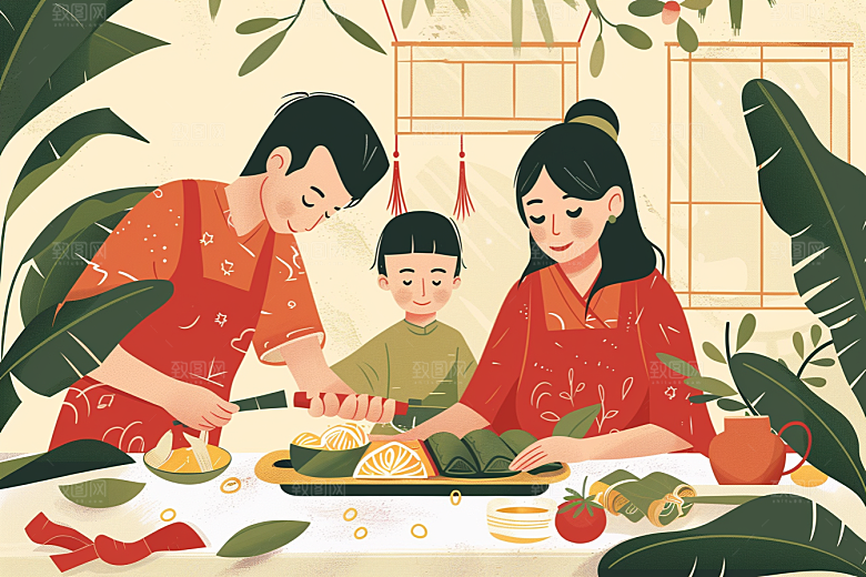 端午包粽子温馨糯米插画