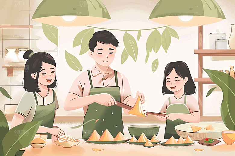 端午包粽子粽叶美味插画