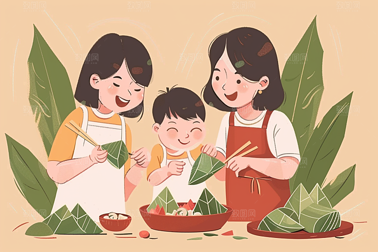 端午包粽子粽叶习俗插画