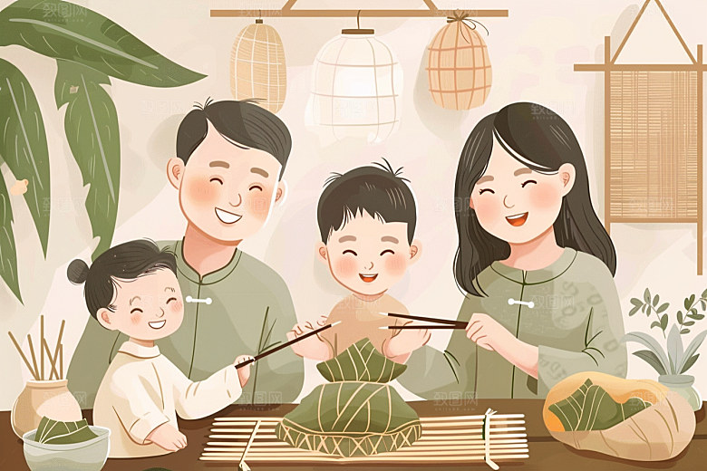 端午包粽子美味节日氛围插画