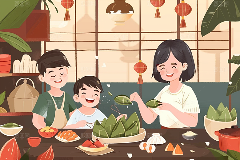 端午包粽子习俗端午节插画