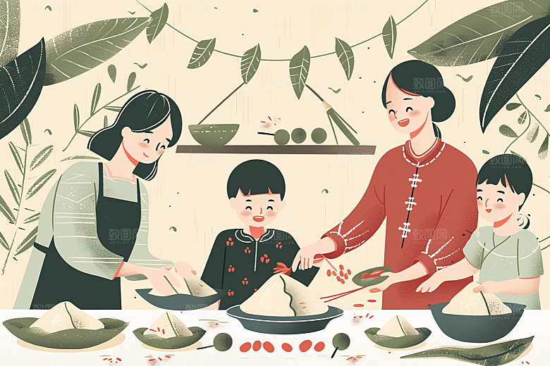 端午包粽子端午节节日氛围插画