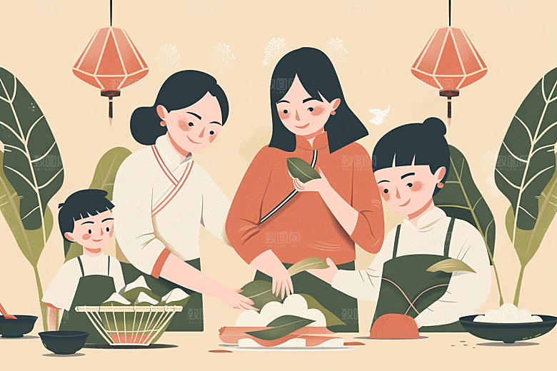 端午包粽子粽叶幸福插画