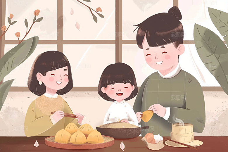 端午包粽子阖家团聚习俗插画