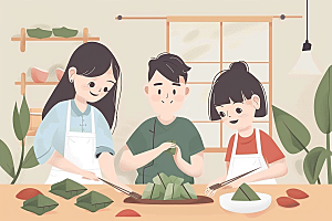 端午包粽子粽叶美食插画