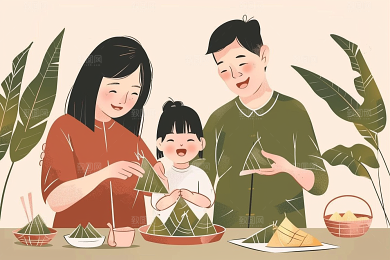 端午包粽子幸福高清插画
