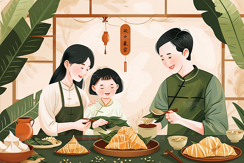 端午包粽子糯米小吃插画
