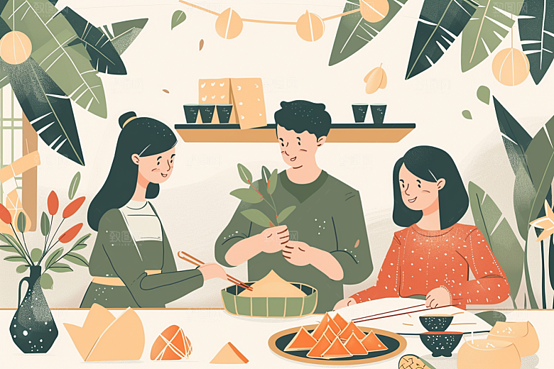 端午包粽子小吃幸福插画