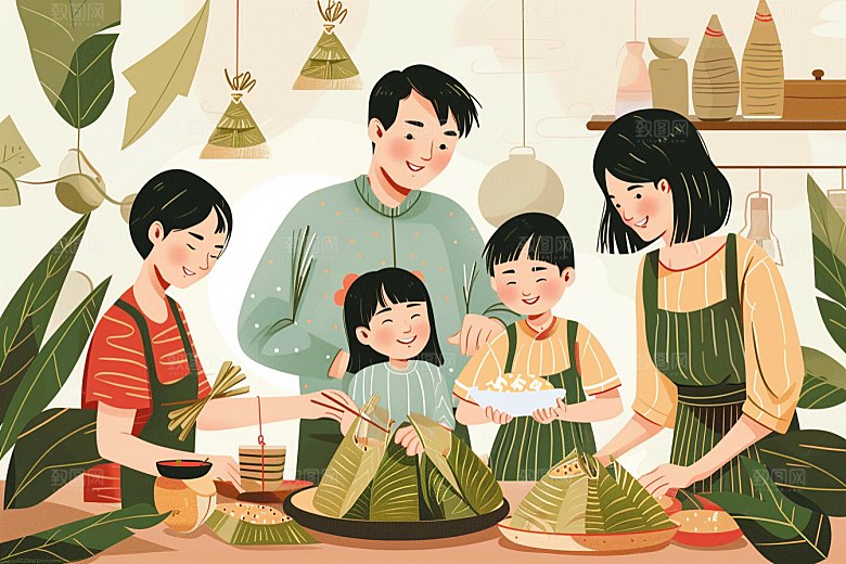 端午包粽子习俗温馨插画