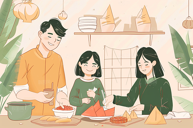 端午包粽子幸福端午节插画