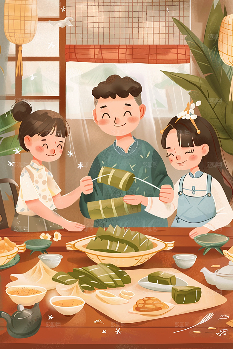 端午包粽子糯米高清插画