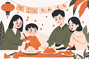端午包粽子节日氛围美味插画