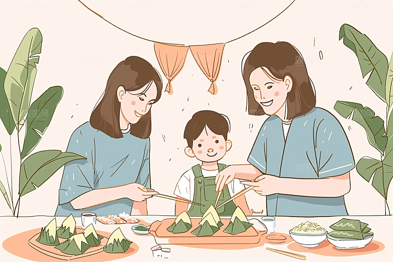 端午包粽子节日氛围糯米插画
