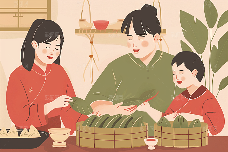 端午包粽子端午节粽叶插画