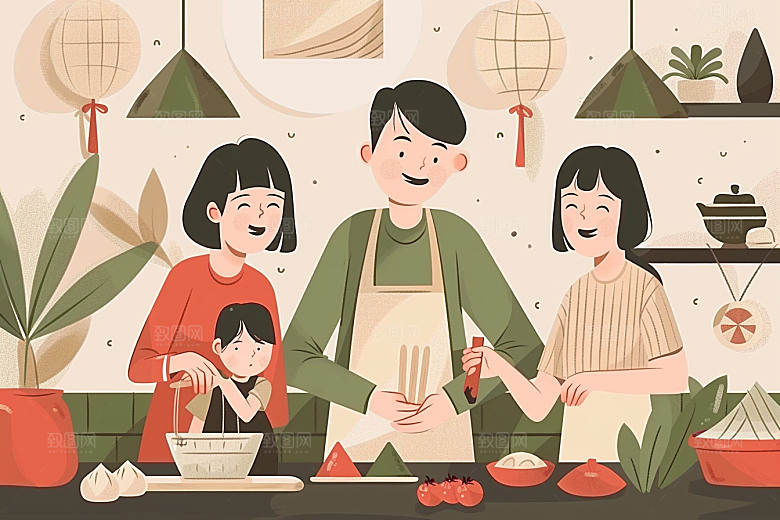 端午包粽子高清节日氛围插画