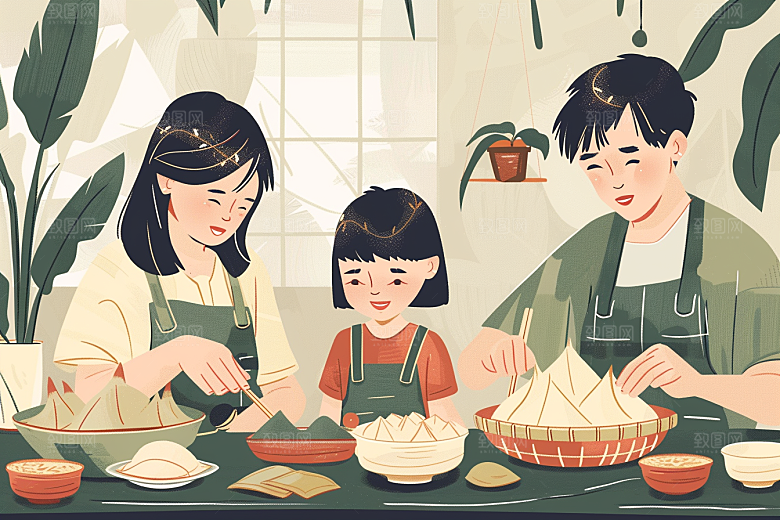 端午包粽子糯米节日氛围插画