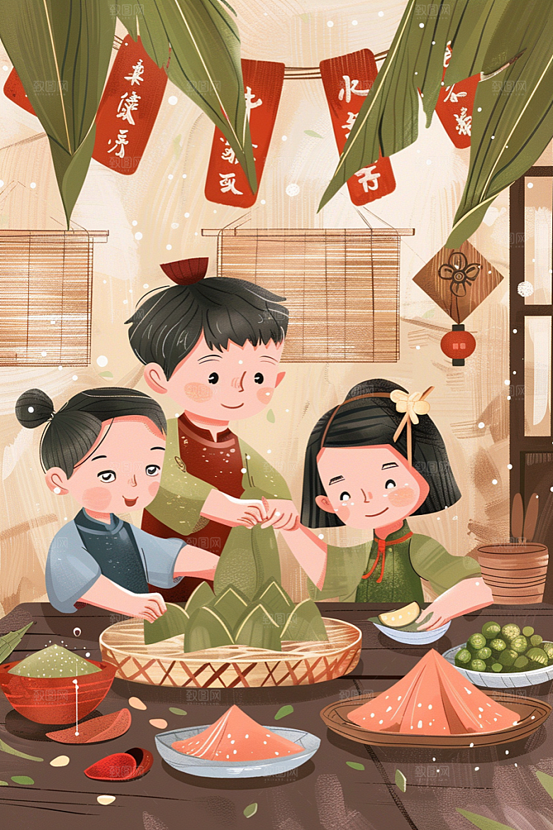 端午包粽子小吃美食插画