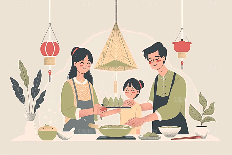 端午包粽子节日氛围美食插画