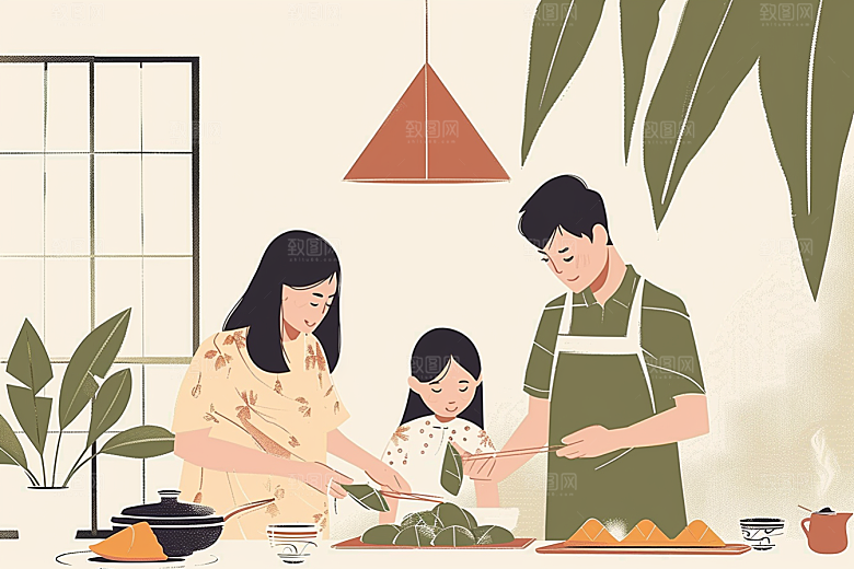 端午包粽子幸福节日氛围插画