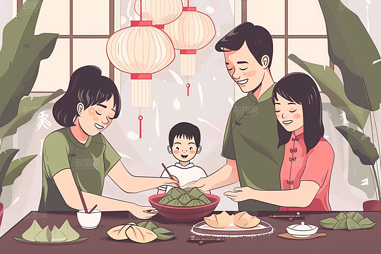 端午包粽子幸福端午节插画