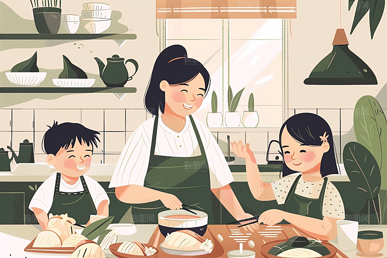 端午包粽子手绘糯米插画