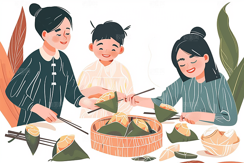 端午包粽子粽叶习俗插画