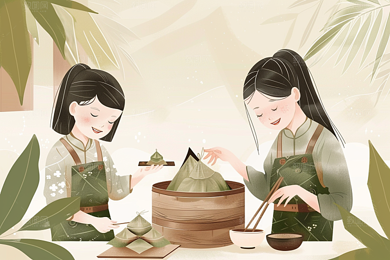 端午包粽子习俗美味插画