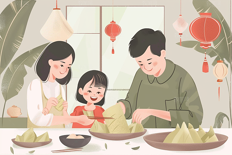端午包粽子手绘阖家团聚插画