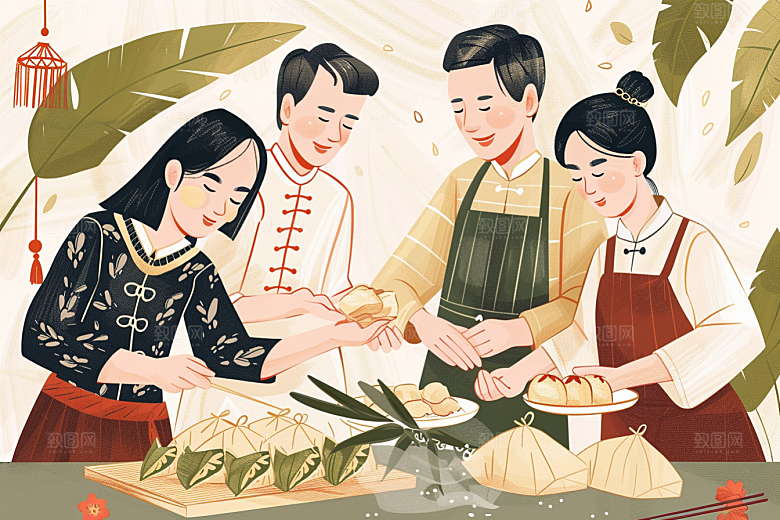 端午包粽子小吃高清插画